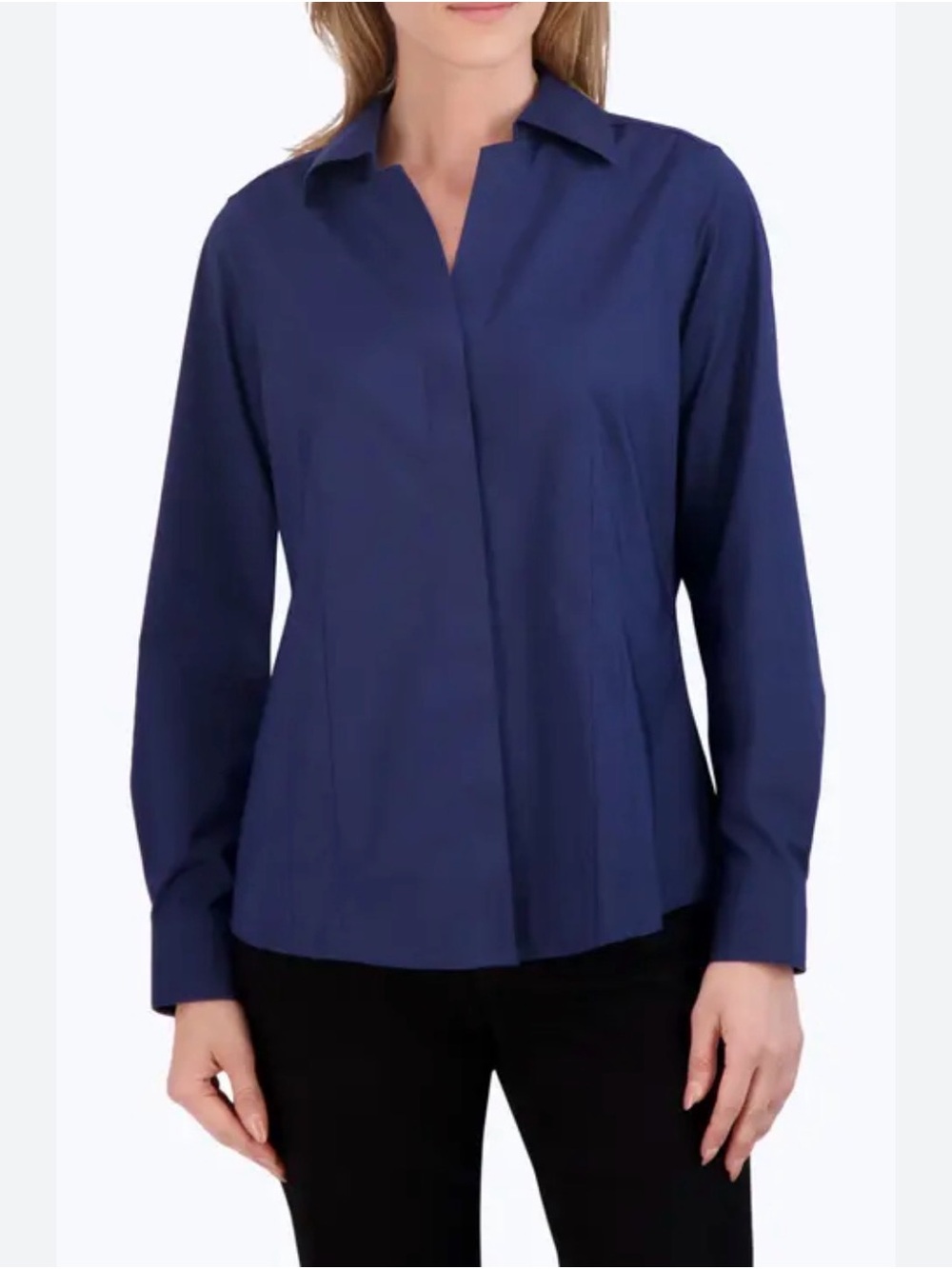 Foxcroft Taylor Stretch Non-Iron Navy Collared Long-Sleeve Blouse